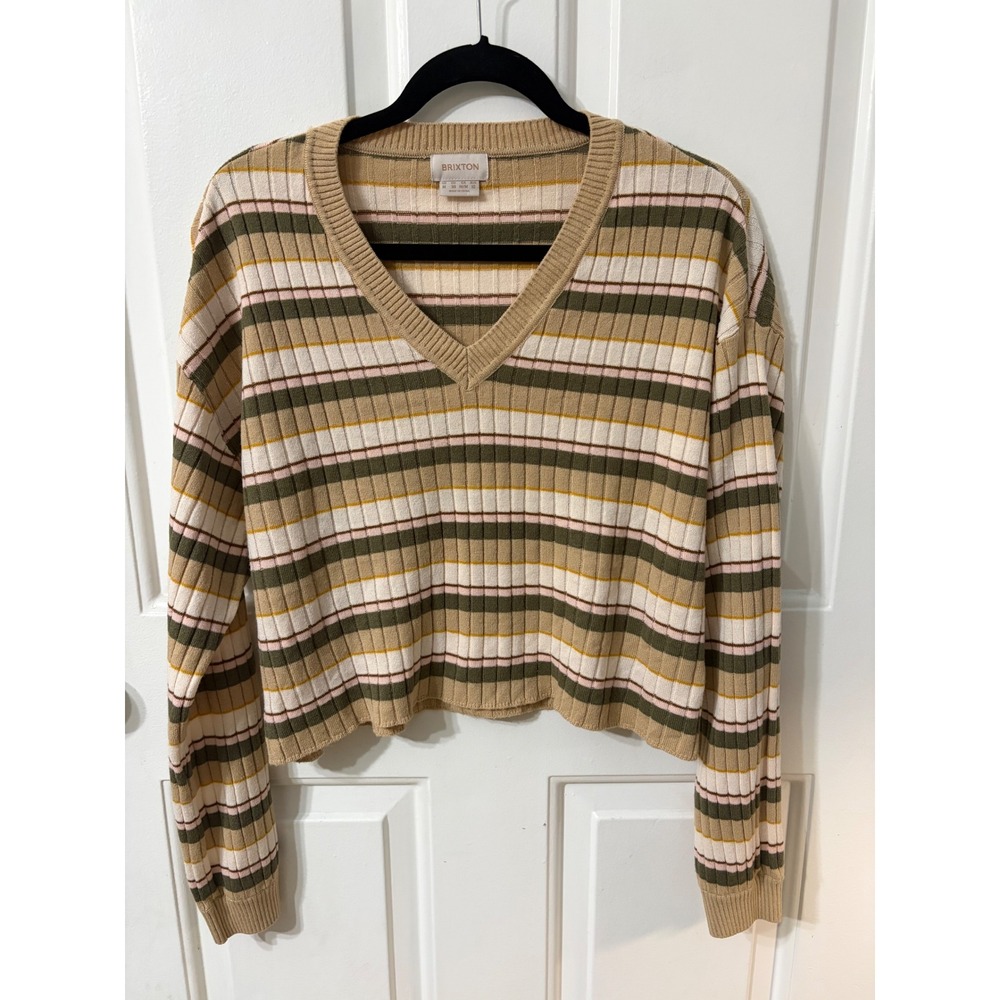 Brixton | Striped Ribbed Knit Sweater | M || Tan Green Pink|
